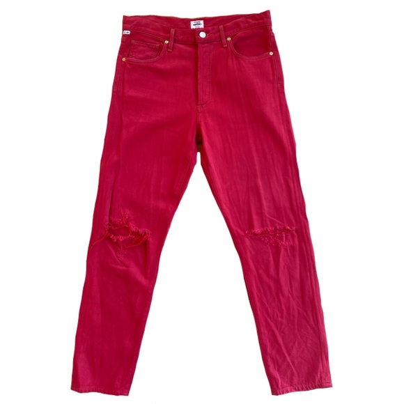 Citizens of Humanity Liya High Rise Classic Fit Crop Red Jeans w Distressed Knee - Picture 4 of 16